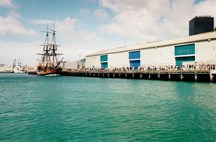 Long distance shot of the Endeavour at the wharf