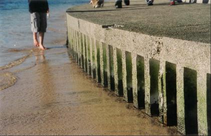 Feet in the water near the rotunda's base.